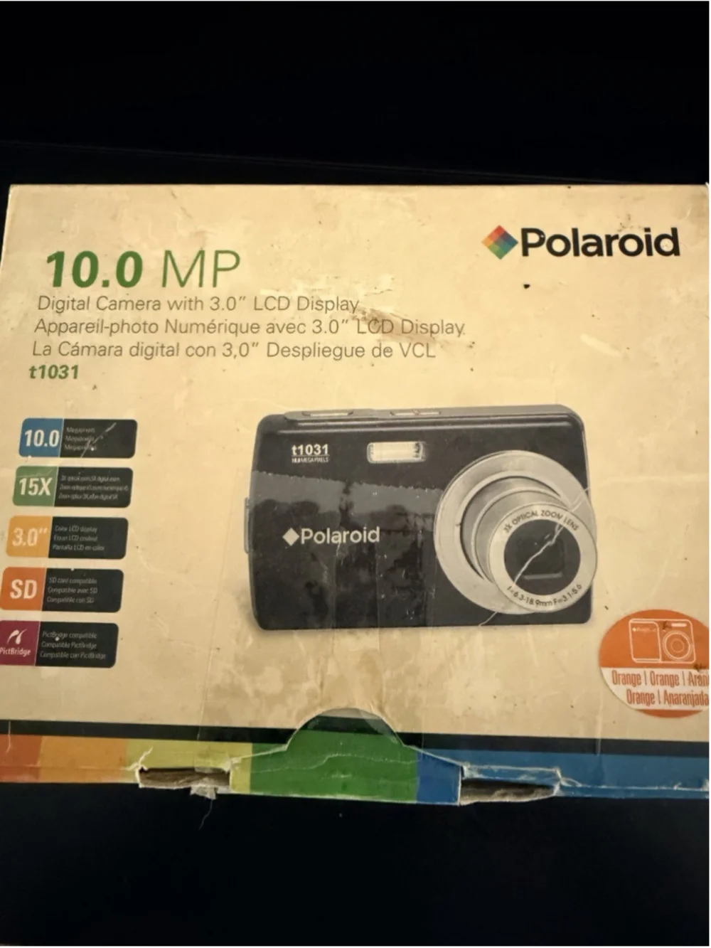 Polaroid T1031 10MP Digital Camera Orange Complete Kit Box Charger Tested Works